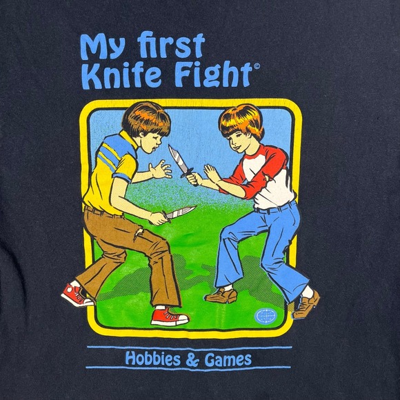 Steven Rhodes Mens Large My First Knife‎ Fight Black Graphic T-Shirt Funny Boys - Picture 3 of 4